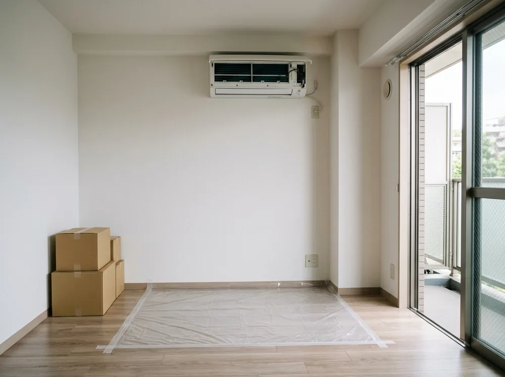 イメージ:賃貸マンションの洋室で、壁掛けエアコンの前面パネルを開け、下の床を透明なシートで覆った様子