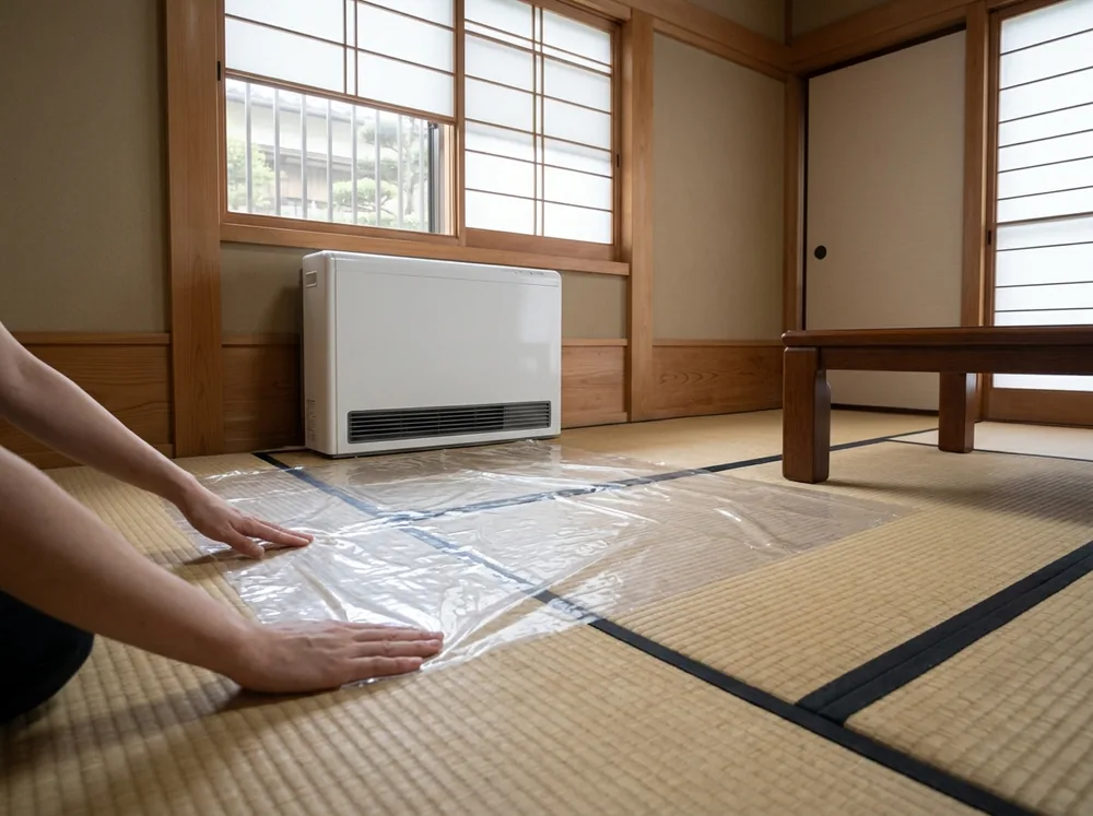 イメージ:和室の窓の下に置かれた白い床置き形エアコンの前に、透明な保護シートを広げている手元